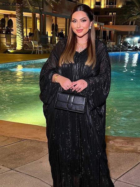 Abaya für muslimische Frauen, Kaftan, Dubai, luxuriöser glänzender Stoff, Fledermausärmel, Abendkleid, bescheidenes 2-teiliges Abaya-Set 240229