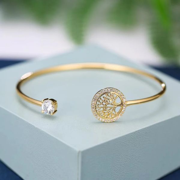 Fashion Tree of Life Bracciale in oro 14k aperto per le donne Braccialetti con ciondoli in zircone bianco Regalo gioielli Boho per le donne Pulsera De Mujer