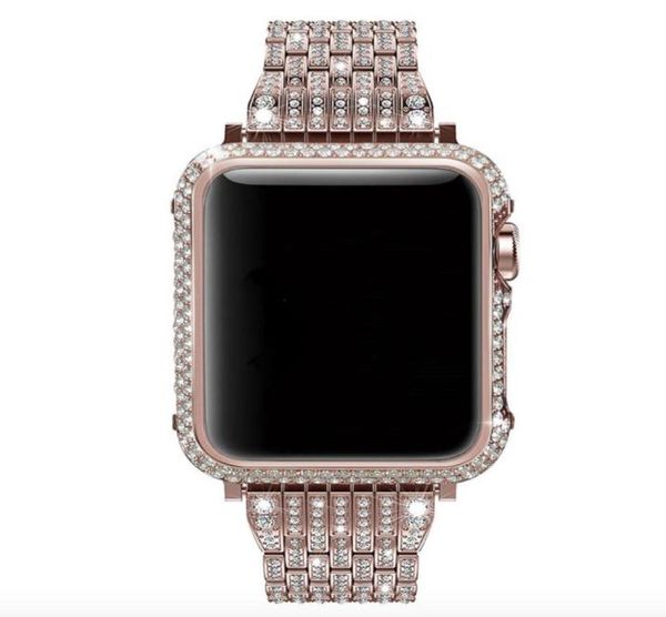 Caixa de capa de moldura de metal de diamante de cristal de cristal com banda de relógio de strass de cristal de luxo configurada para a série Apple Watch 4 44mm 40mm7526932