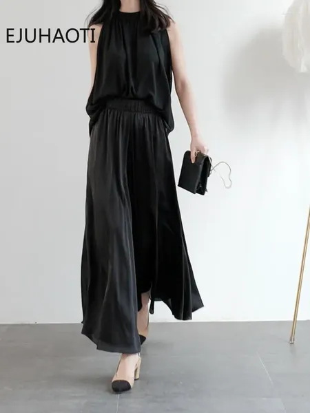Женские брюки, лето 2024, элегантные шифоновые широкие брюки с высокой талией, свободная атласная юбка с высокой талией