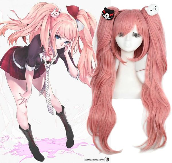 Danganronpa junko enoshima cosplay perucas longo rosa cabelo encaracolado mulher rabo de cavalo 6921253