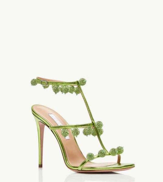 Знаменитые босоножки на высоком каблуке AQUAZZURA Cha с кристаллами, зеленые вечерние женские модельные туфли на высоком каблуке, туфли-мюли на шпильке, украшенные бриллиантами, из металлической овчины с открытым носком