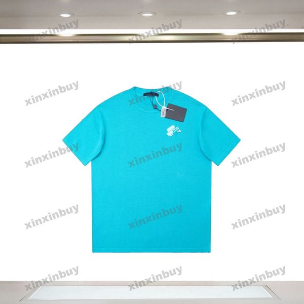 Xinxinbuy Homens Designer Tee Camiseta 2024 Malha Letra Bordado Pin Denim Manga Curta Algodão Mulheres Azul Marinho Preto Verde Vermelho S-3XL