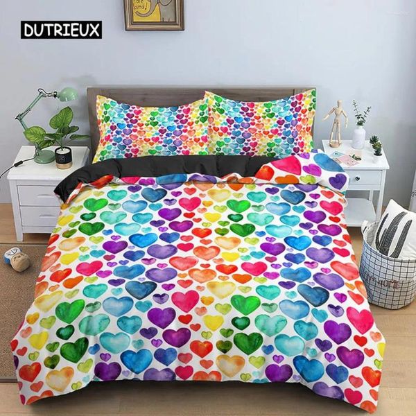 Conjuntos de cama Multicolor Duvet Cover Set Corações Coloridos Queen Size para Adolescente Microfibra Geométrica Desenhos Animados Amor Coração Quilt