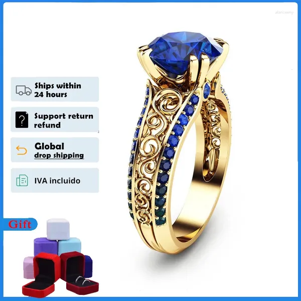 Cluster-Ringe HOYON 14K Gold Farbe Blauer Saphir-Ring für Frauen Hochzeit Schmuck Diamant-Stil Roter Edelstein Rubin Rose