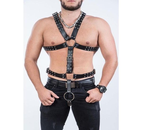 Reggiseni Set Gay Body Bondage Harness PU Leather Full Men Sex Clothes Maschile Spalla Petto Cinture Fetish TanksBras9663382