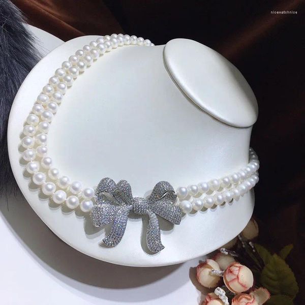 Ciondoli Collana di perle d'acqua dolce naturali pure, ornamento artigianale dorato a doppio strato da 7-8 mm a doppio strato