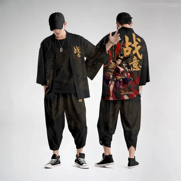 Fatos masculinos plus size quimono cardigan terno solto chinês japonês samurai harajuku mulheres homens cosplay yukata tops calças conjunto 3xl 4xl 5xl