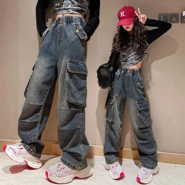 2023 primavera outono meninas jeans calças de carga wideleg solto cintura elástica retro causal moda coreano 413 anos de idade 240227
