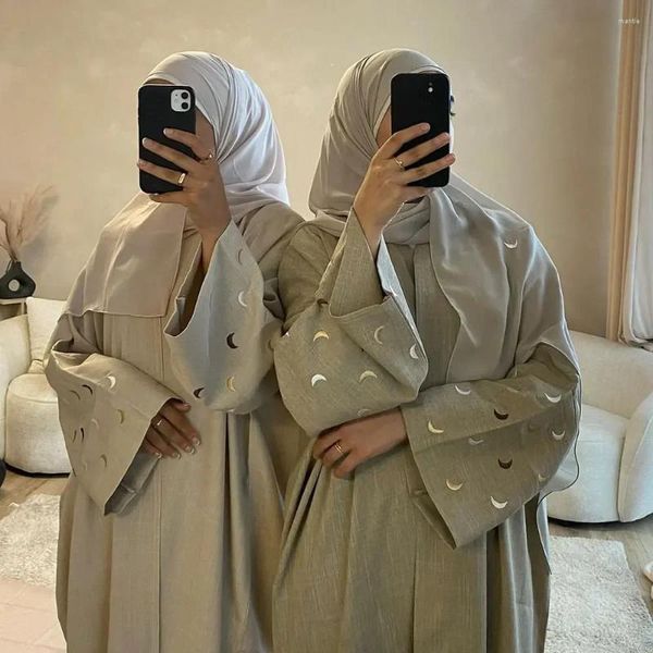 Roupas étnicas Linho Aberto Abayas para Mulheres Muçulmanas Lua Bordado Kimono Abaya Dubai Luxo Turquia Kaftan Hijab Vestido Ramadan Islâmico