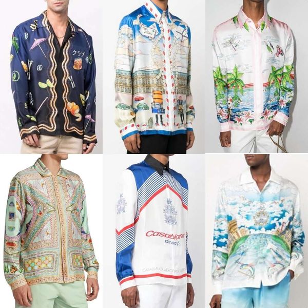 Neues Produkt CASABLANCA 24ss Herren-Designer-Seiden-Freizeithemd, buntes Whiskyglas, japanischer Farbverlauf, Hawaii-Strand, langärmeliges, lockeres Pullover-Hemd, Casablanc-Oberteile