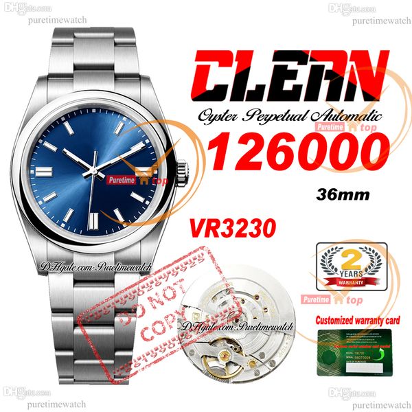 126000 VR3230 Relógio automático unissex Mens Womens Relógios Clean CF 36mm Blue Stick Dial 904L Pulseira de aço inoxidável Super Edition Mesma série Cartão Puretimewatch