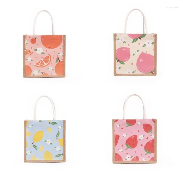 Sacos de compras Impressão de frutas serapilheira juta tote com alças casamento dama de honra presente arte artesanato verão praia bolsa