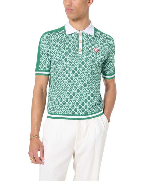 Casablanca Polo Jacquard Modello monogramma Polo da uomo firmate Camicia verde con bottoni perla Casablanc