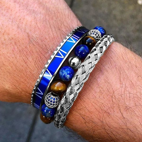 Luxo 3 pçs/set Royal Aço Inoxidável Pulseiras Romanas Pulseiras Azul Cz Bola Lapis Lazuli Pedra Trançada Jóias para Queda 240219