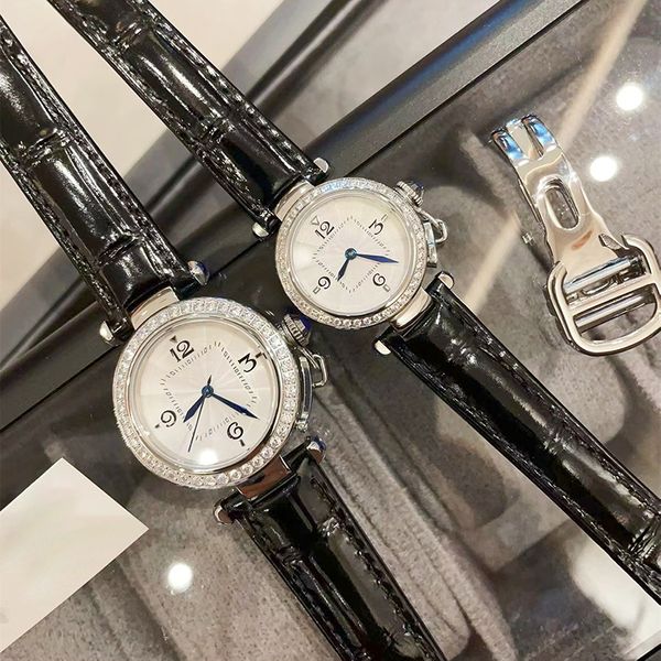 Novo relógio feminino movimento japonês 904 caixa de aço inoxidável pulseira de couro 35 mm 30 mm relógio de designer à prova d'água de dois tamanhos