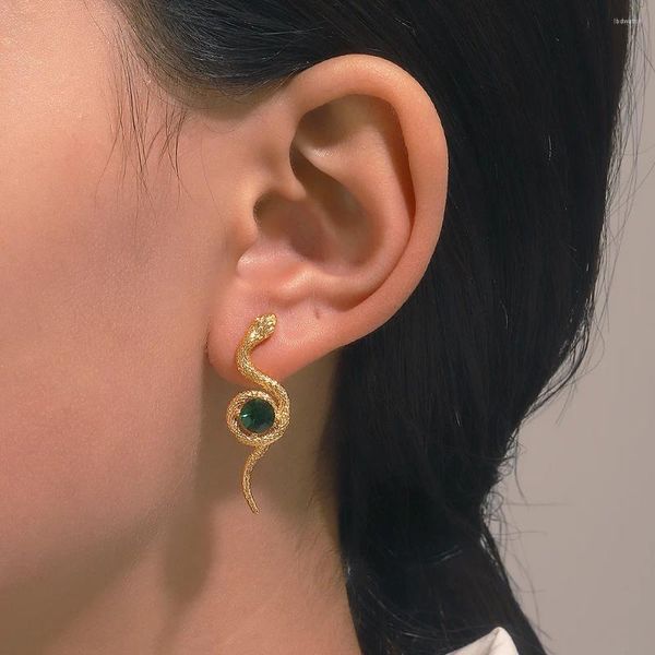 Baumelnde Ohrringe, modisch, schlangenförmiger Ohrring für Frauen, Punk-Trend, goldfarben, Tiermuster, Ohrstecker mit grünem Strass, Zubehör, Geschenk