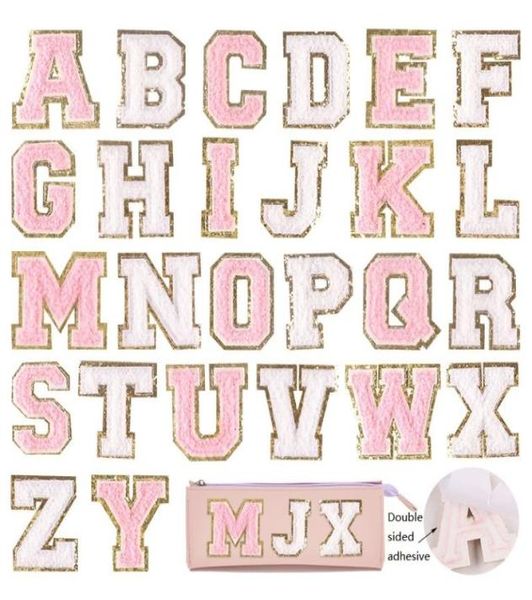 Notions 55 cm toppa termoadesiva con lettera in ciniglia bianco rosa su asciugamano ricamato con alfabeto glitterato con paillettes toppe autoadesive applique 4975047