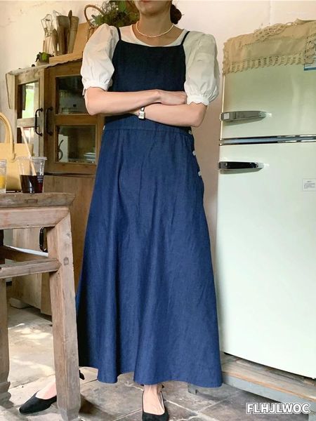 Arbeitskleider S Date Outfits Niedliche Damen-Mädchen-Französisch-Chic-Ärmellose Spaghettiträger Vintage Lange Denim-Jeans Blaues Hosenträger-Hemdkleid