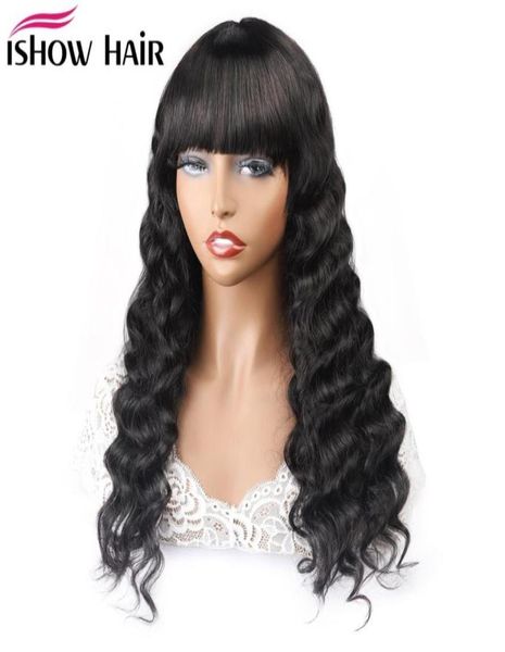 ishow brasileiro remy cabelo humano bang perucas pré arrancadas natural preto onda reta completa máquina feita perucas dianteiras do laço onda do corpo 15021456587