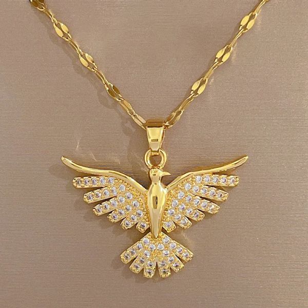 Phoenix Wings Light Luxo Russo Águia de Duas Cabeças Feminino Colar em Ouro Amarelo 14k