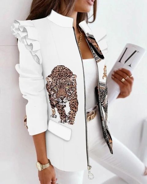 Jaqueta blazer colorida para mulheres leopardo impresso babados de manga comprida com zíper impresso terno plus size roupas para mulheres blazers 240228
