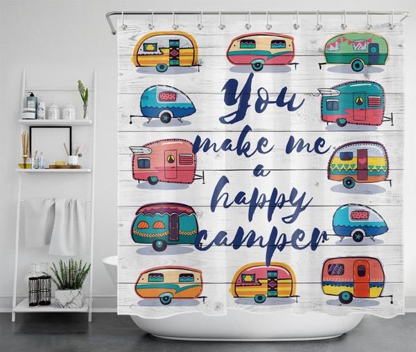 Cortinas de chuveiro RV cortina colorida campista feliz acampamento viagem pranchas rústicas à prova d'água tecido decoração de banheiro conjunto com gancho5701255