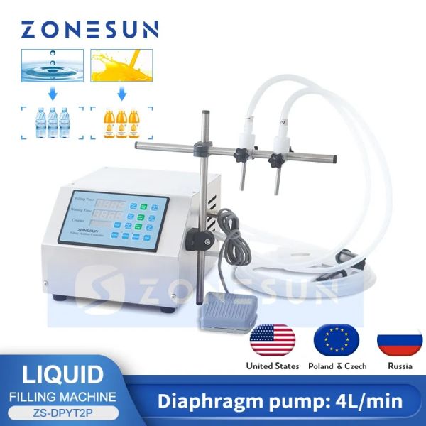 Processori ZONESUN Macchina di rifornimento semiautomatica per liquidi Doppi ugelli Bevanda Succo Profumo Fiala Riempitrice per bottiglia d'acqua 14000ml