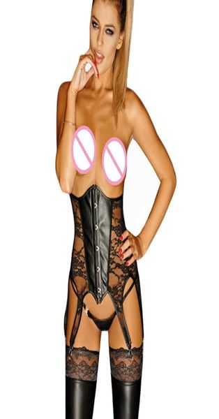 Corsetto sottoseno in pizzo e effetto bagnato Lingerie Bustier Sexy Fetish in pelle in PVC Femme Corpetto Reggicalze Corsetto giarrettiera Plus Size6632711