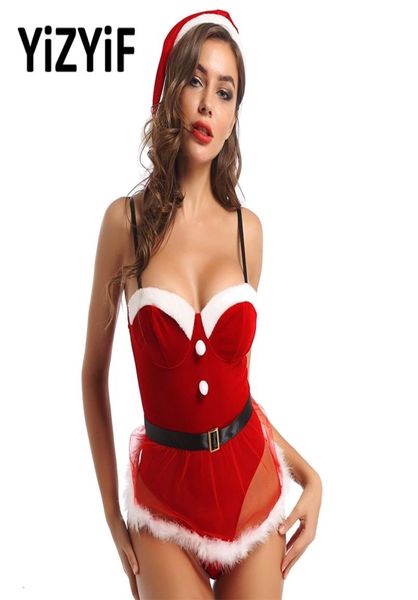 Donne Christmas Dress Up Party Lingerie Cinghie regolabili Tuta di velluto rosso Mrs Claus Babbo Natale Costume sexy Xmas Outfit2524906