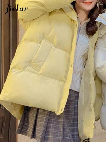 Casacos de Trench das Mulheres Jielur Estilo Coreano Quente Feminino Curto Parkas Moda Solta Espessada Cor Sólida Único Breasted Zipper Mulheres Amarelo