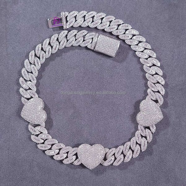 Männer und Frauen Hochwertiger Schmuck 925 Silber 18k Gold Halskette 18mm 20mm Vvs Moissanit Diamant herzförmige kubanische Gliederkette