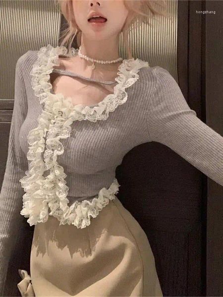 Suéter feminino renda top slim manga comprida malha pulôver moda romântico elegante maduro suave puro charme estilo fofo dwky