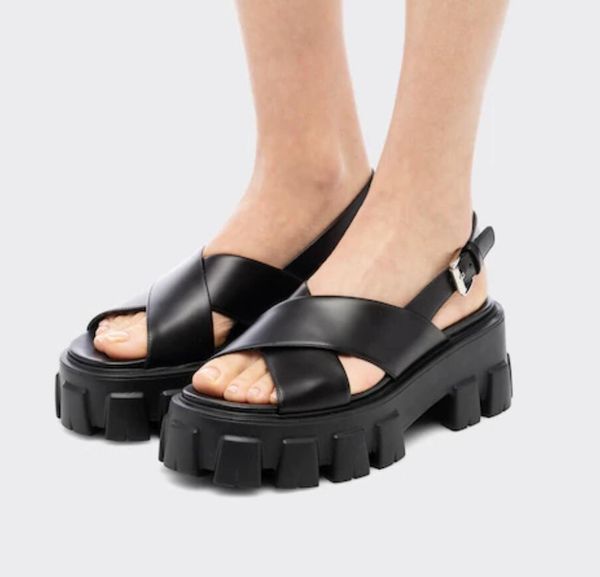 Novo triângulo fivela preto mulheres preto branco cunha sandália monolith plataforma sandálias slingback sapatos de couro escovado designer de luxo senhora sapatos legais eu35-42 caixa