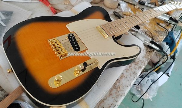 Em estoque Richie Kotzen Signature 2-Tone Sunburst Flame Maple Top Guitarra elétrica Ash Body Maple Fingerboard Abalone Dot Markers 6 Saddle Bridge Gold Hardware