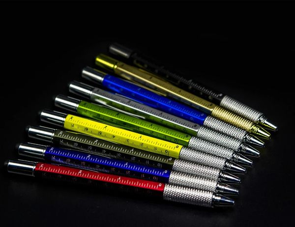 20pcslot 6 em 1 ferramenta caneta esferográfica chave de fenda régua nível de espírito multifuncional tela de toque de alumínio stylus 240229