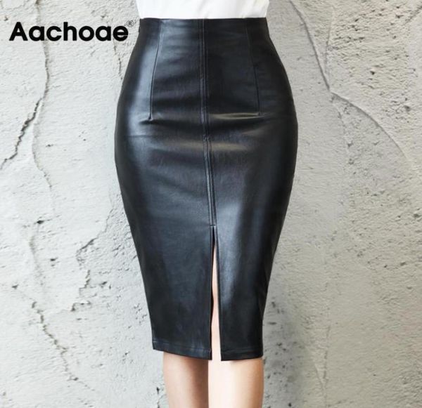 Aachoae Gonna in pelle PU nera Donna Midi Sexy Vita alta Aderente Gonna divisa Ufficio Gonna a tubino Lunghezza al ginocchio Plus Size 2203143132100