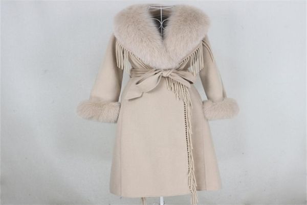 OFTBUY Xlong Nappa Cashmere Misto Lana Cappotto di Pelliccia Vera Cintura Giacca Invernale Donna Collo di Pelliccia di Volpe Naturale Polsini Streetwear 2012152636791