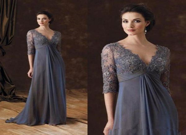 Elegante vita impero Abiti per la madre della sposa Mezze maniche in pizzo Abiti da sera Scollo a V Abito lungo in chiffon per invitati a un matrimonio M981066583