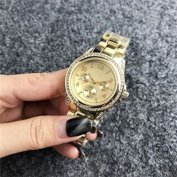 34 mm moda cristal incrustação relógio dial pulseira de aço inoxidável relógios de quartzo feminino falso 3 olhos design de moda feminino 2871