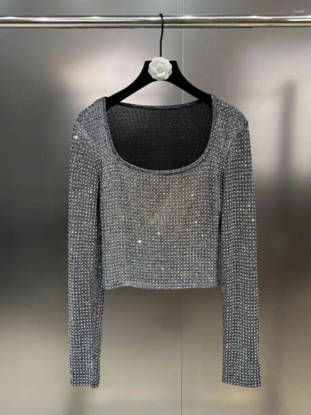 Blusas femininas outono pescoço quadrado manga longa alta temperatura laminado diamante brilhando fino ajuste versátil camisa camiseta
