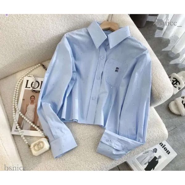 Damen-T-Shirts, Luxus-Blusenhemden, Designer-Freizeithemd, Mius, bestickte Buchstaben, lange Ärmel, heißer Diamant-Polokragen, blaues T-Shirt, hochwertig, 6045