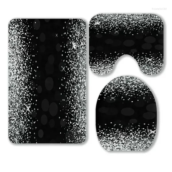Чехлы на сиденья для унитаза Блестящие серебряные блестящие черные коврики для ванной комнаты из 3 предметов Набор ковриков для ванной и крышки
