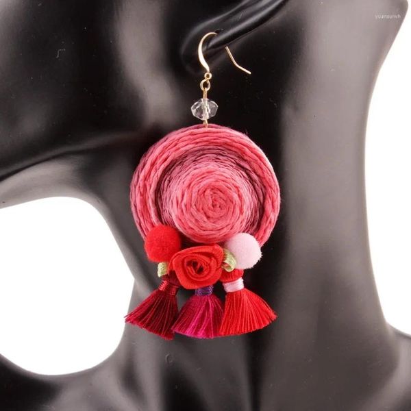 Baumelnde Ohrringe, Bohemian-Design, Blumen-Anhänger, Perlen-Quaste, Tropfen für Frauen, Statement, handgefertigt, Baumwollkugel-Pom-Ohrring-Schmuck