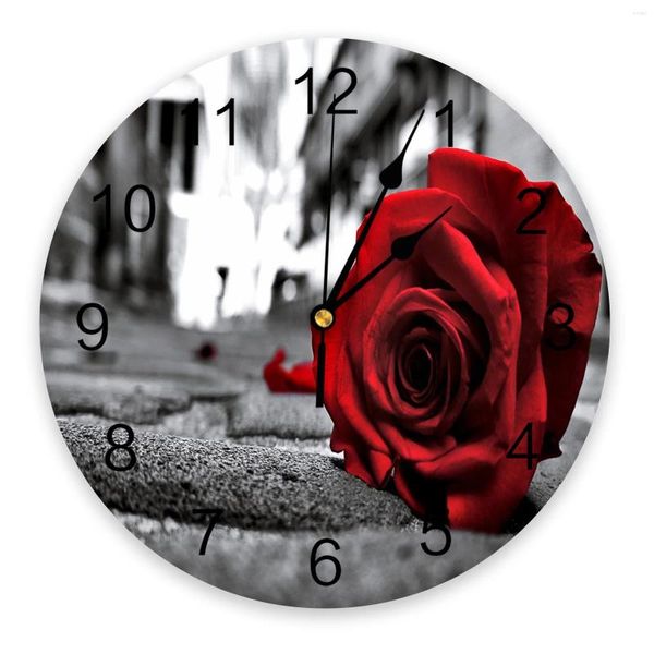 Orologi da parete rosa fiori rossi orologio da strada retrò design moderno camera da letto silenzioso soggiorno decorazione rotonda sospesa