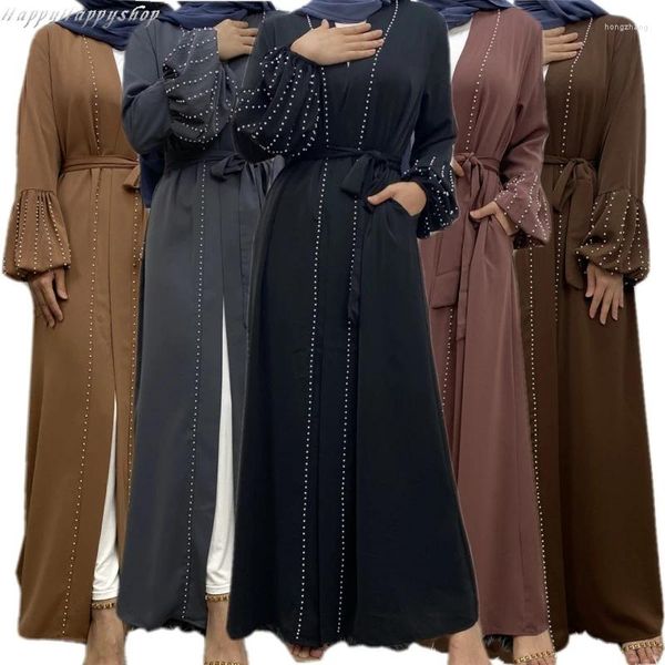 Ethnische Kleidung Luxus Dubai Perlen Strickjacke Mantel Muslim Islamischen Party Abaya Kleid Kimono Hülse Robe Kleid Nahen Osten Weibliche Vestidos