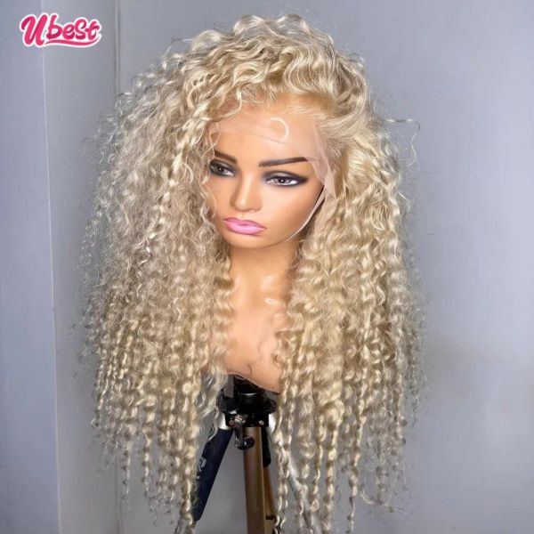 13x4 Transparent 613 Honig Blonde Farbige Lockige Spitze Frontal Perücken Menschliches Haar 180% Remy Wasser Welle Menschliches Haar perücke Für Frau Ubest