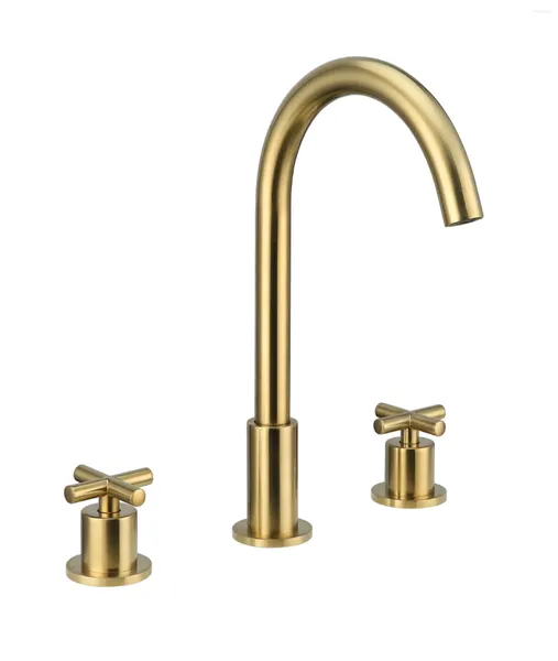 Badezimmer-Waschtischarmaturen, gebürstetes Gold, Messing, Wasserhahn, 3 Löcher, 2 Griffe, modisches Design, Kupfer, Waschbecken-Mischbatterie, Luxus, kaltes Wasser