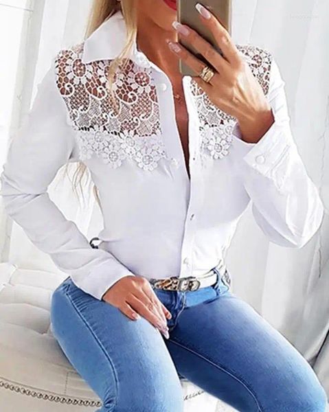 Kadın Tişörtleri Fashion Bluses 2024 Çiçek Desen Dantel Yamalı Düğmeli Üst Beyaz Gömlek Günlük Günlük Uzun Kollu Y2K Üstleri