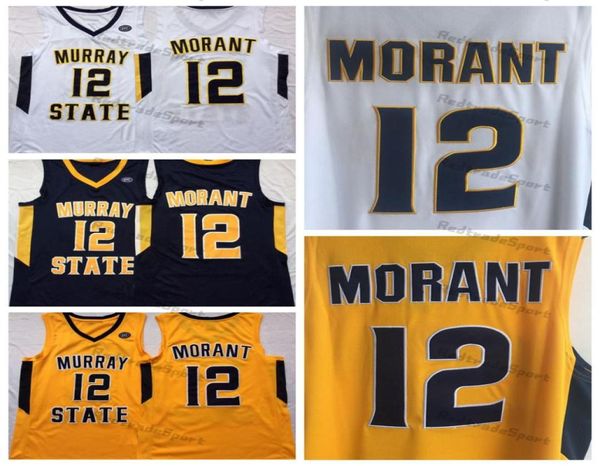 Mens Murray State Racers 12 Ja Morant College Basquete Jerseys Azul Branco Amarelo Costurado Camisas OVC Patch SXXL9069946